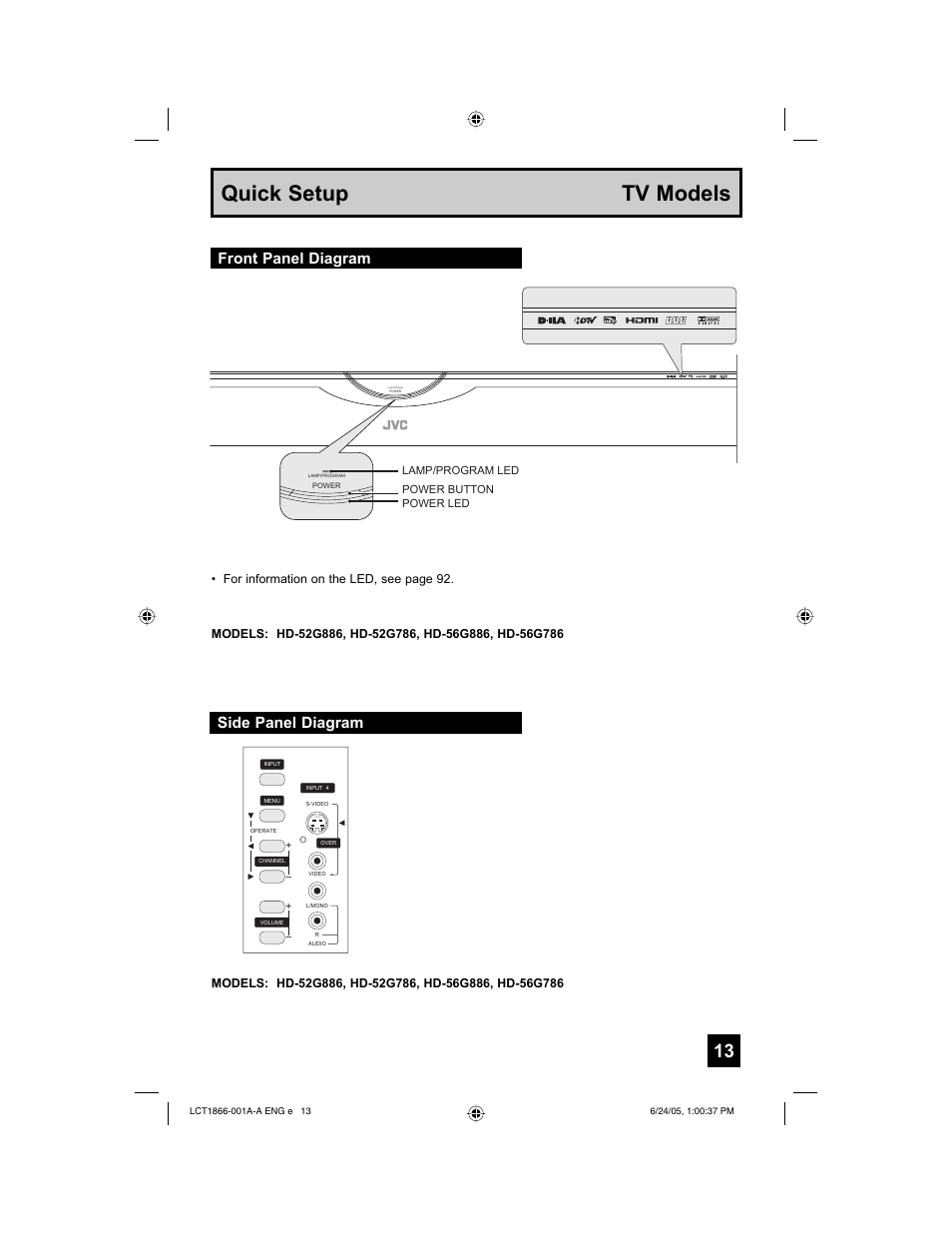 Quick setup tv models, Side panel diagram, Front panel diagram | Lamp/program | JVC HD-52G786 User Manual | Page 13 / 97