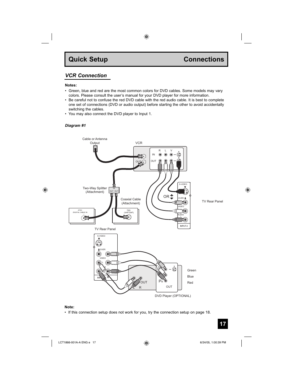 Quick setup connections, Vcr connection | JVC HD-52G786 User Manual | Page 17 / 97