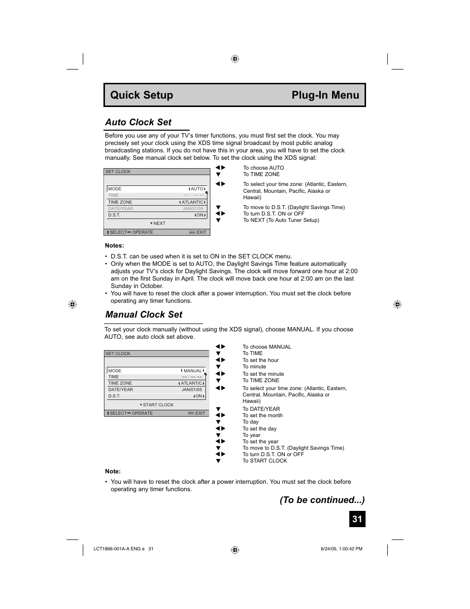 Quick setup plug-in menu, Manual clock set, Auto clock set (to be continued...) | JVC HD-52G786 User Manual | Page 31 / 97