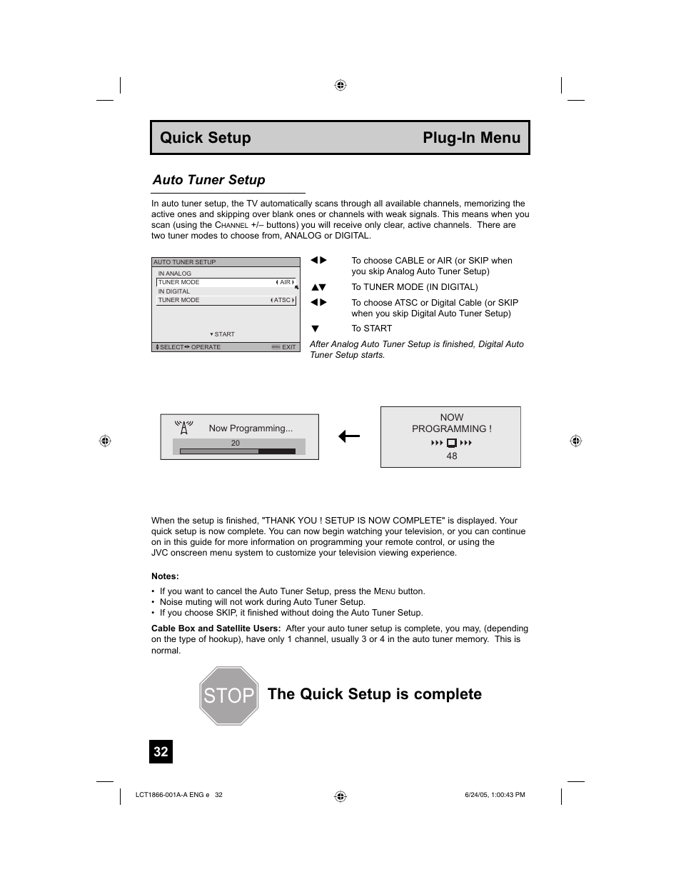 Stop, Auto tuner setup | JVC HD-52G786 User Manual | Page 32 / 97