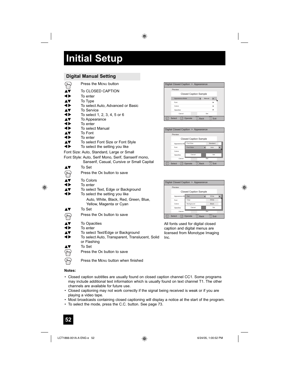 Initial setup, Digital manual setting | JVC HD-52G786 User Manual | Page 52 / 97