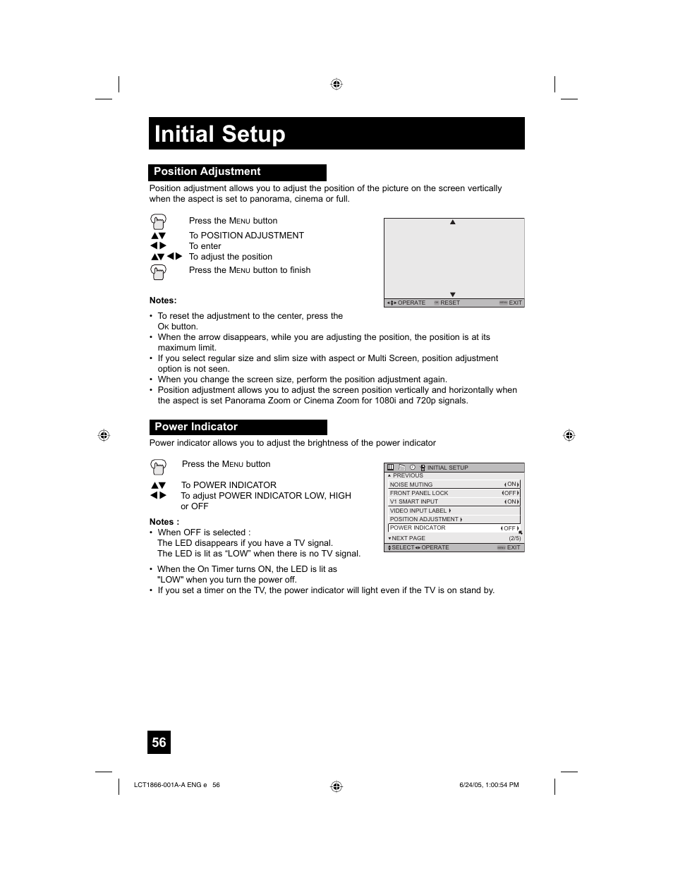 Initial setup, Position adjustment, Power indicator | JVC HD-52G786 User Manual | Page 56 / 97