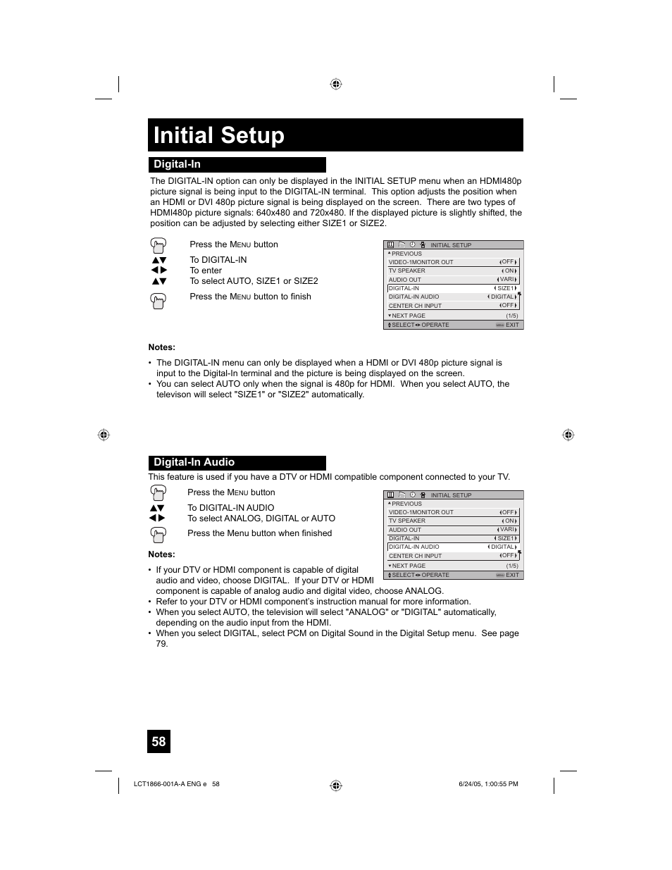 Initial setup, Digital-in digital-in audio | JVC HD-52G786 User Manual | Page 58 / 97