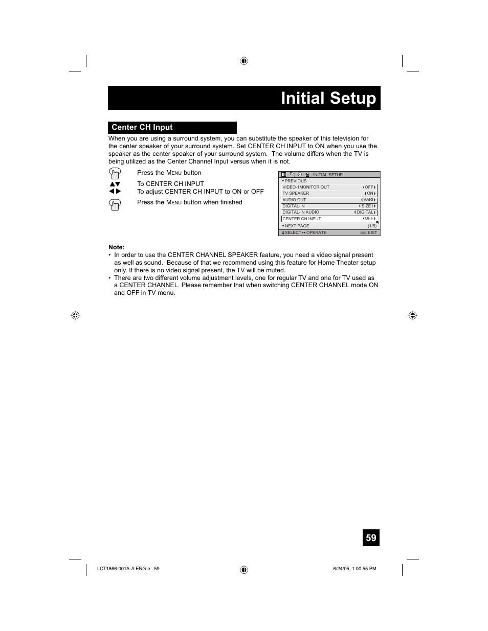 Initial setup, Center ch input | JVC HD-52G786 User Manual | Page 59 / 97