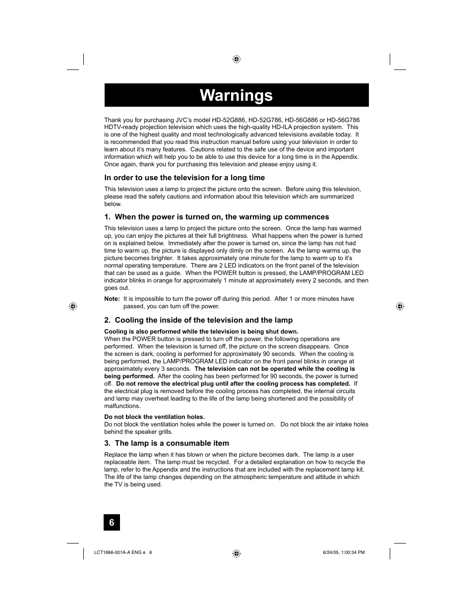 Warnings | JVC HD-52G786 User Manual | Page 6 / 97