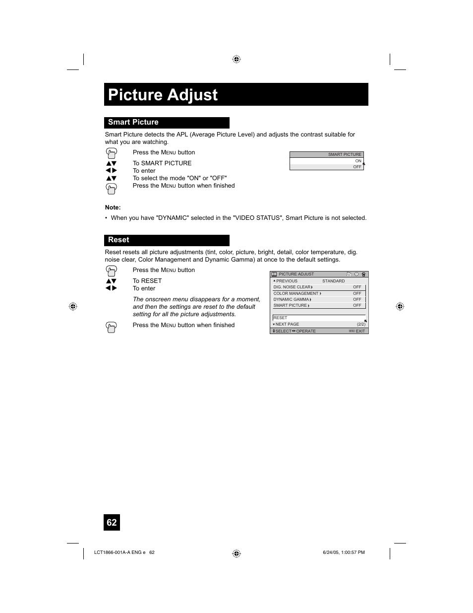 Picture adjust, Reset, Smart picture | JVC HD-52G786 User Manual | Page 62 / 97