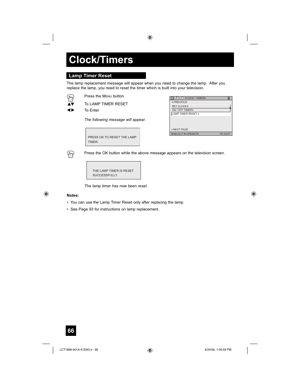 Clock/timers, Lamp timer reset | JVC HD-52G786 User Manual | Page 66 / 97