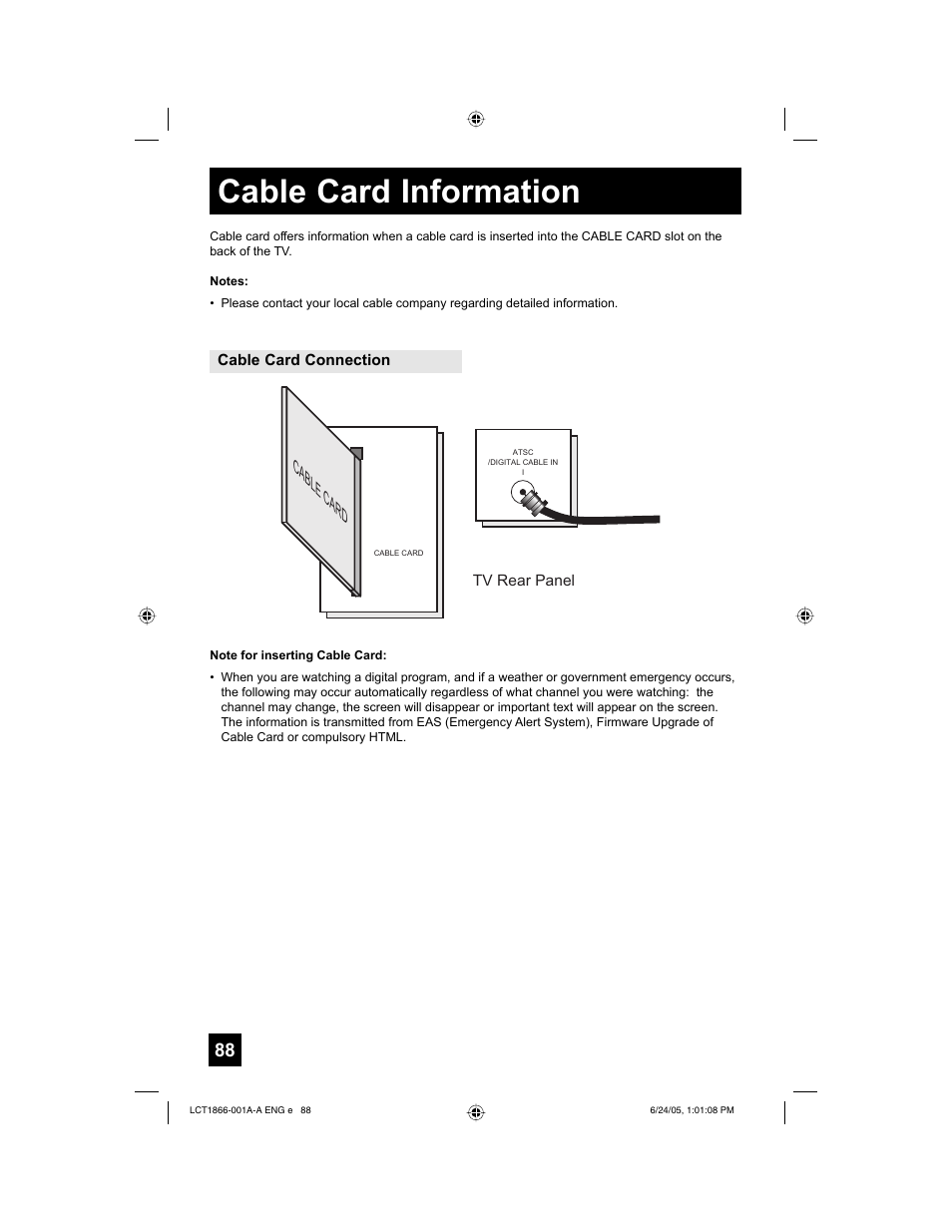 Cable card information, Cable card | JVC HD-52G786 User Manual | Page 88 / 97