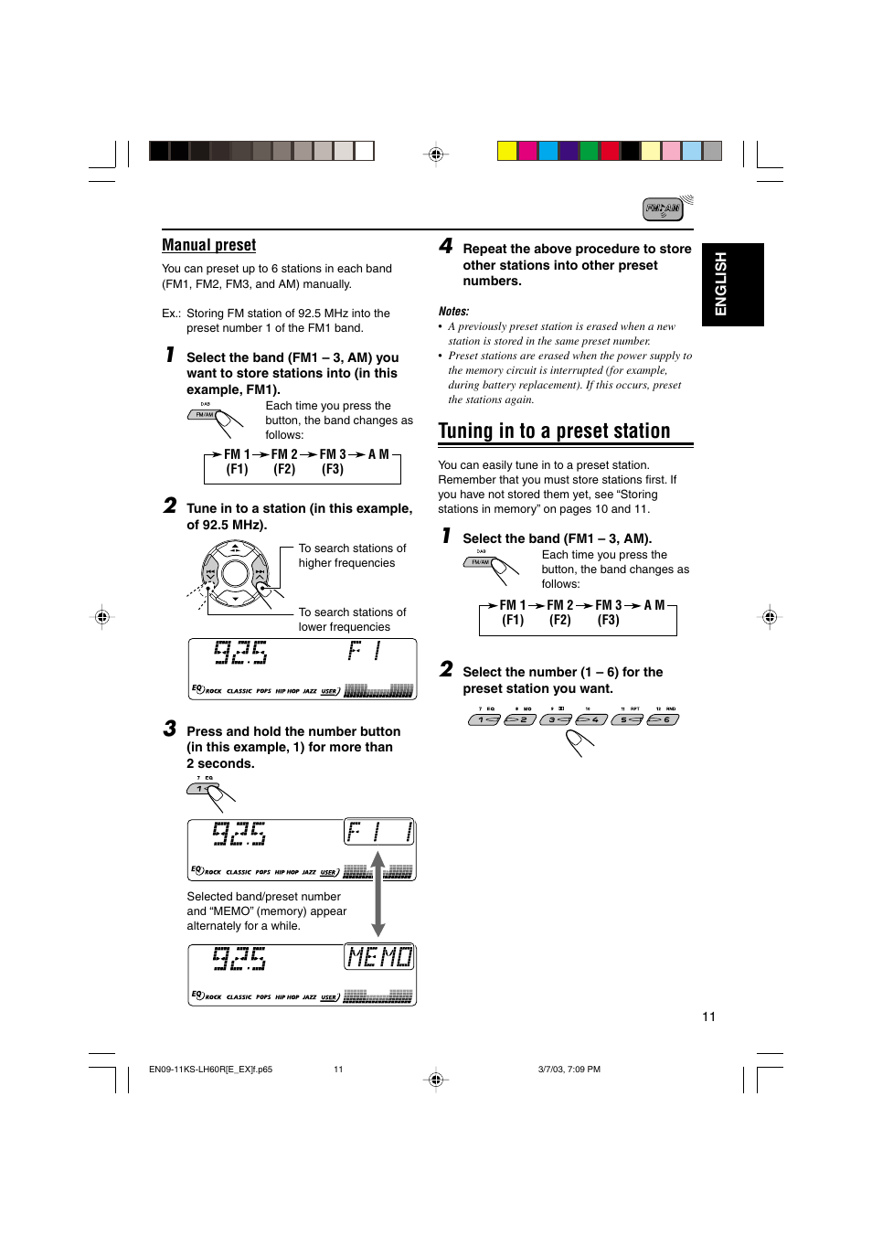 Tuning in to a preset station | JVC KS-LH60R User Manual | Page 11 / 48