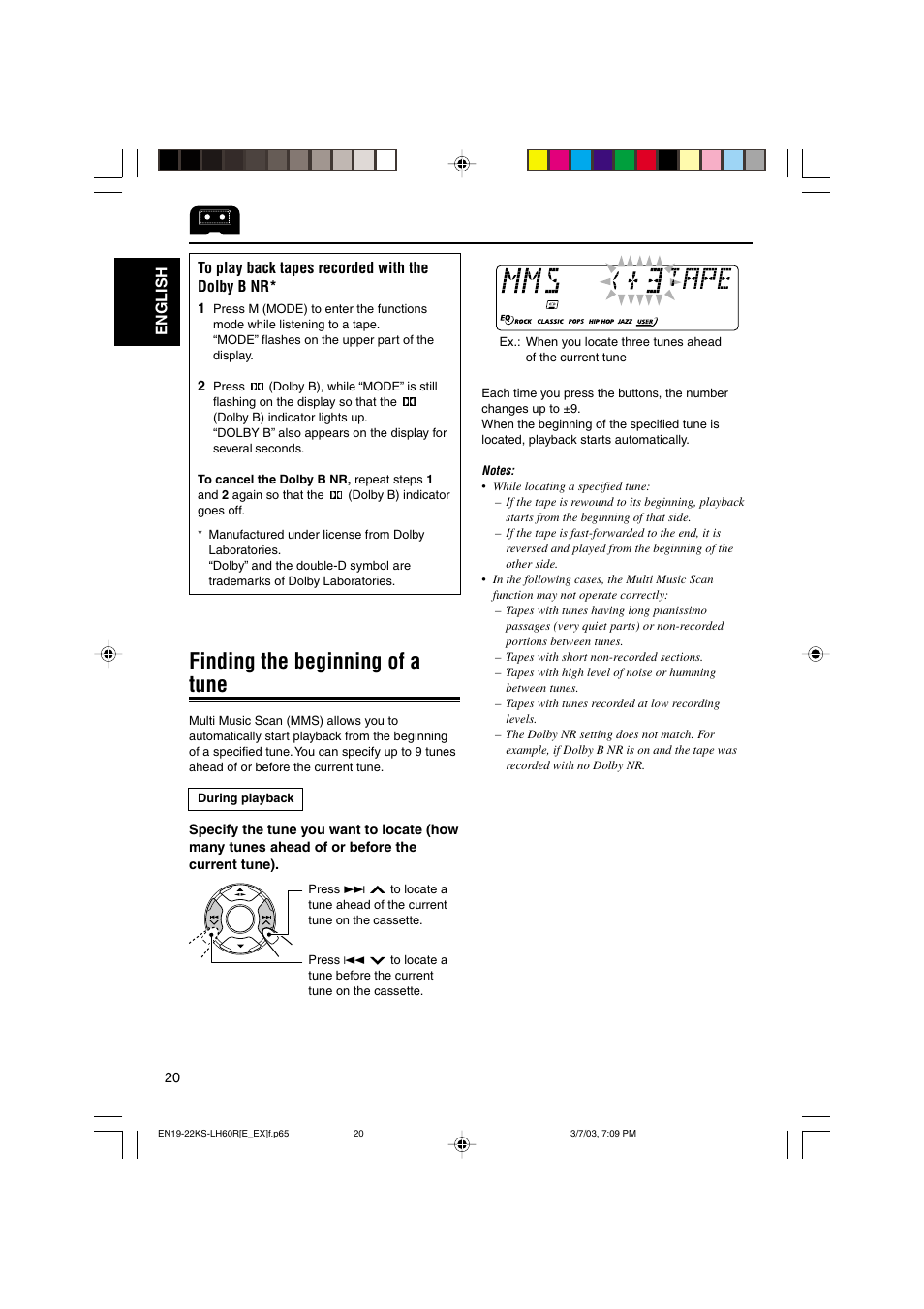 Finding the beginning of a tune, English | JVC KS-LH60R User Manual | Page 20 / 48