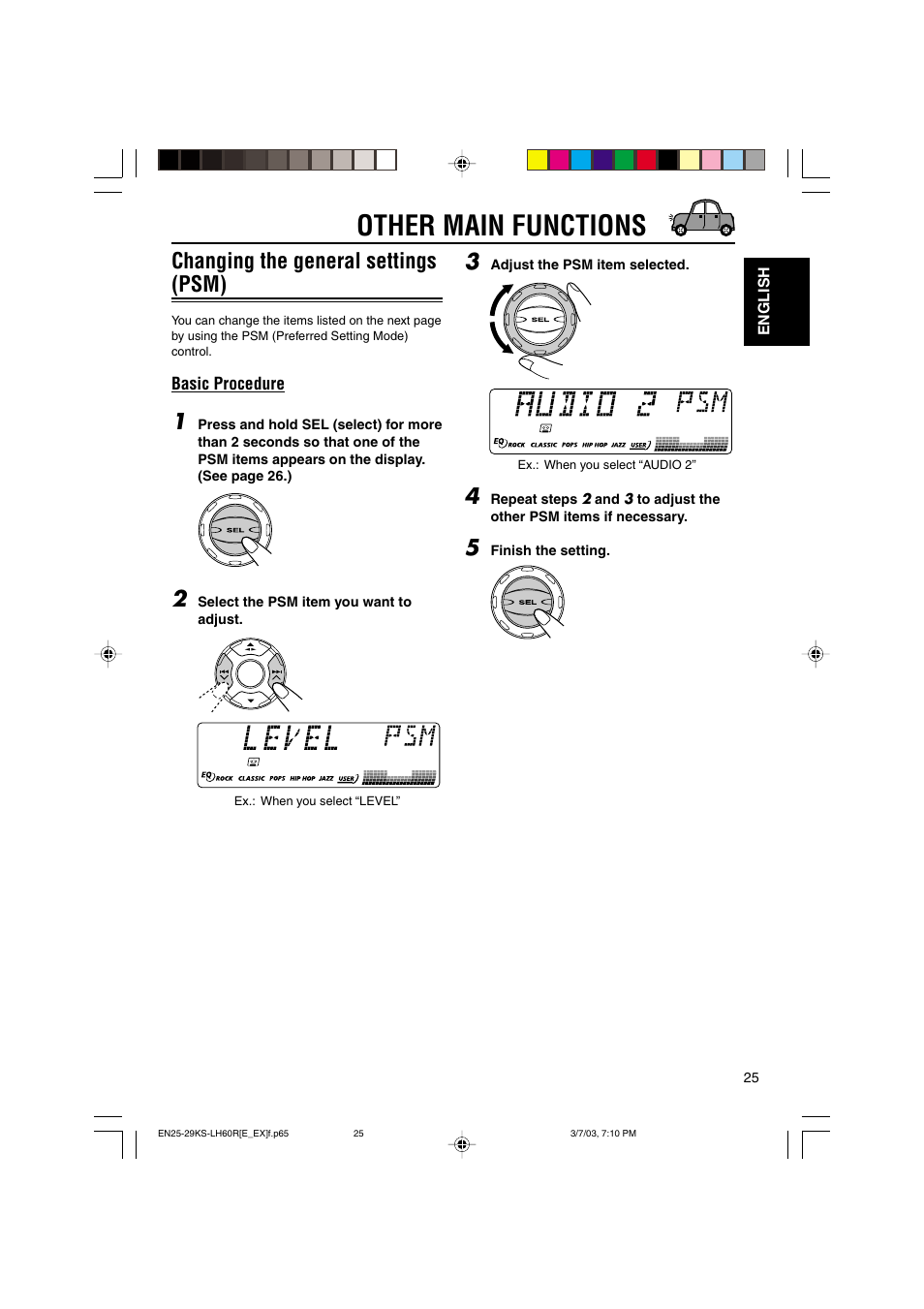 Other main functions, Changing the general settings (psm) | JVC KS-LH60R User Manual | Page 25 / 48