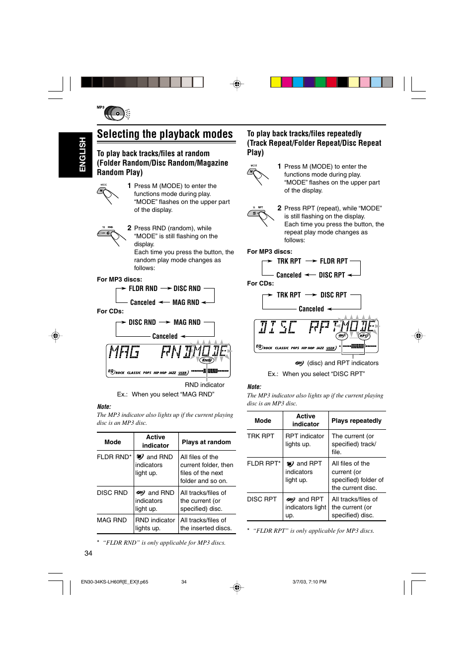 Selecting the playback modes | JVC KS-LH60R User Manual | Page 34 / 48