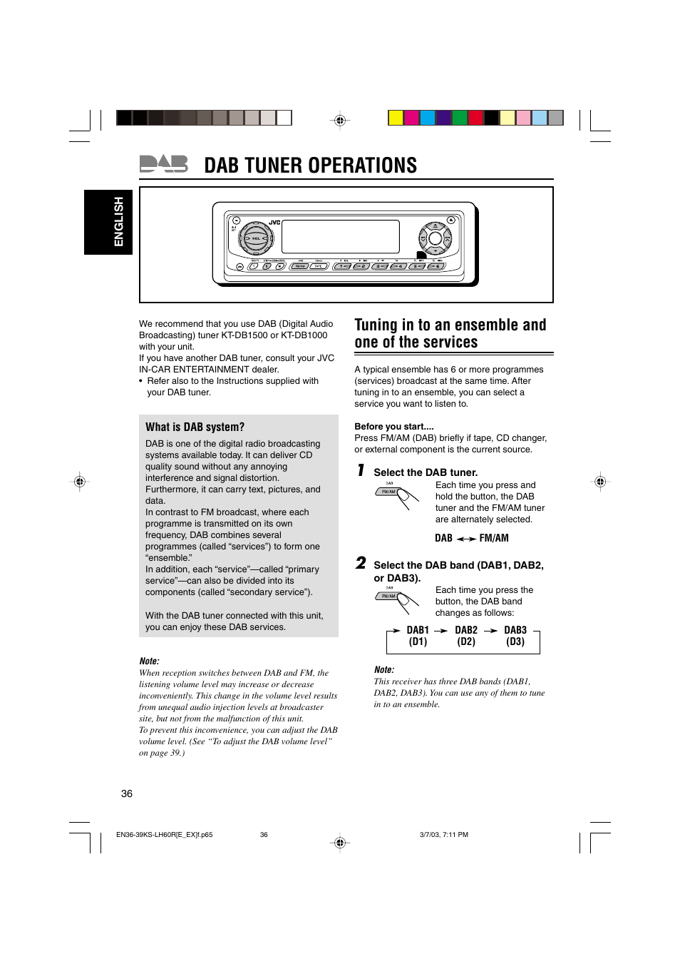 Dab tuner operations, Tuning in to an ensemble and one of the services | JVC KS-LH60R User Manual | Page 36 / 48