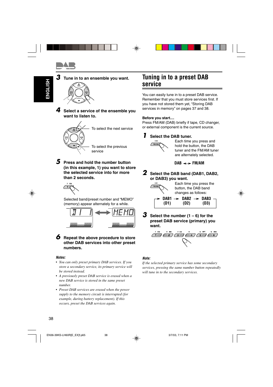 Tuning in to a preset dab service | JVC KS-LH60R User Manual | Page 38 / 48