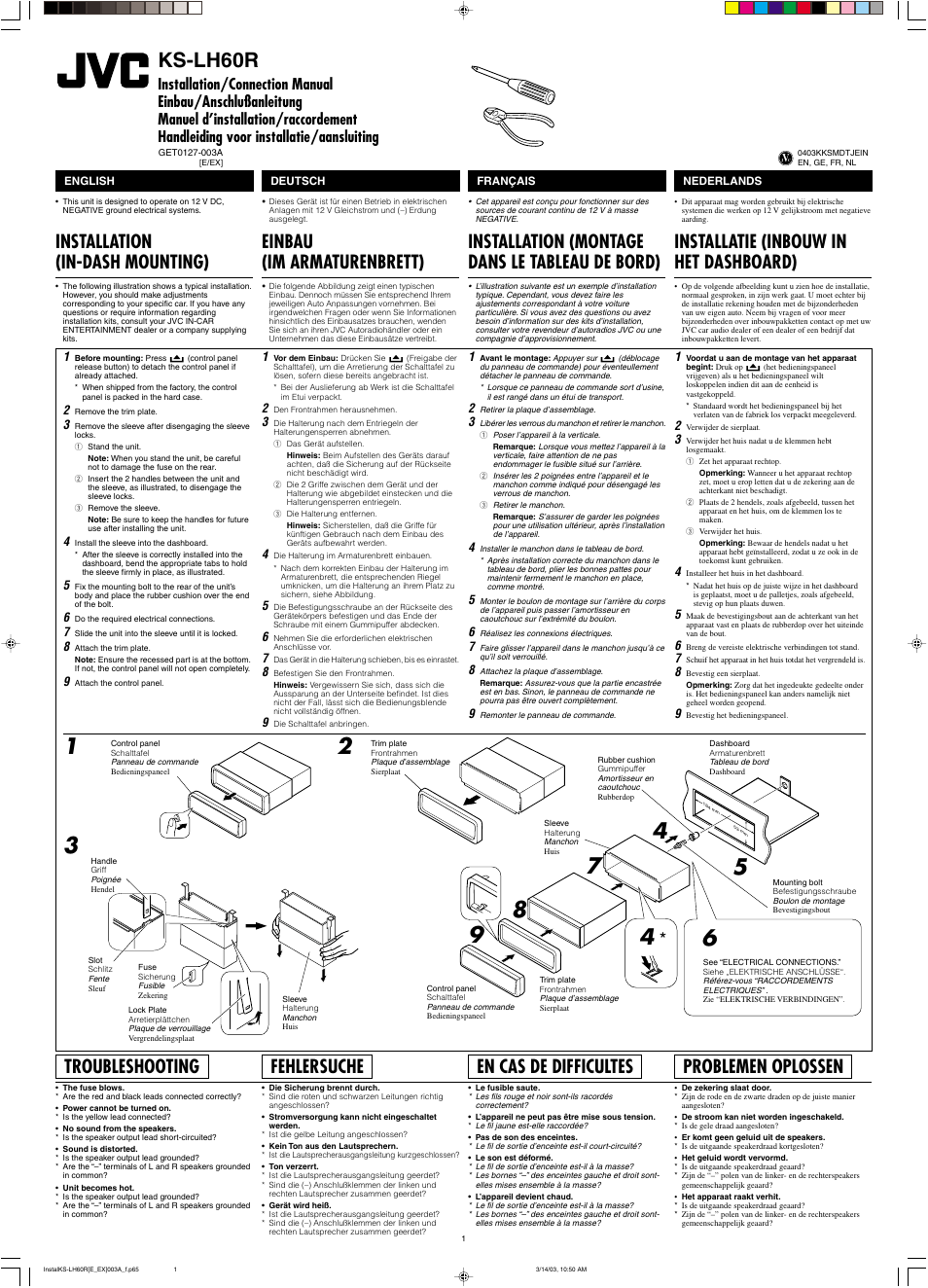 Installation, Troubleshooting, Ks-lh60r | Installation (in-dash mounting), Einbau (im armaturenbrett), Installation (montage dans le tableau de bord), Installatie (inbouw in het dashboard), Fehlersuche, En cas de difficultes, Problemen oplossen | JVC KS-LH60R User Manual | Page 45 / 48