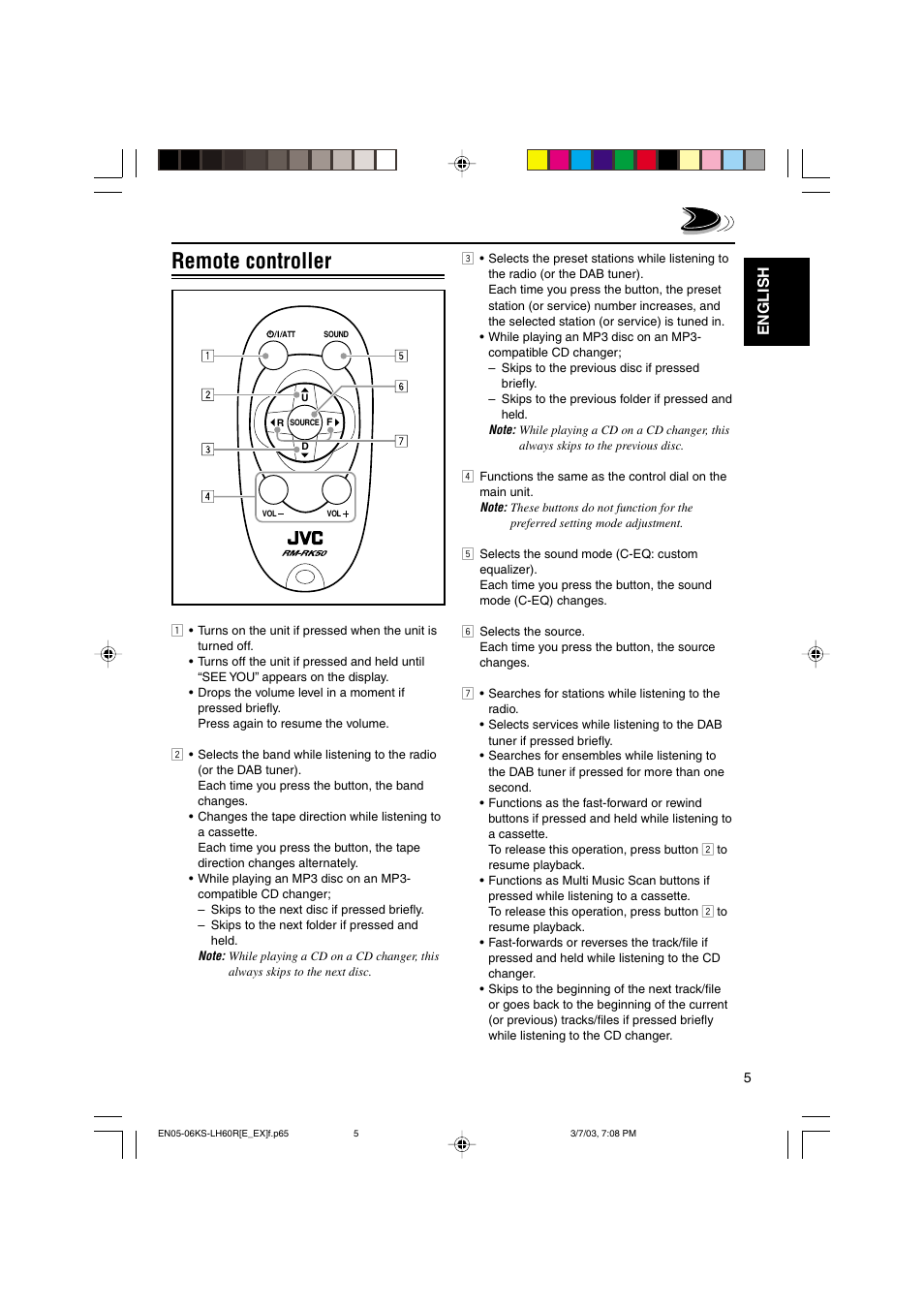 Remote controller, English | JVC KS-LH60R User Manual | Page 5 / 48