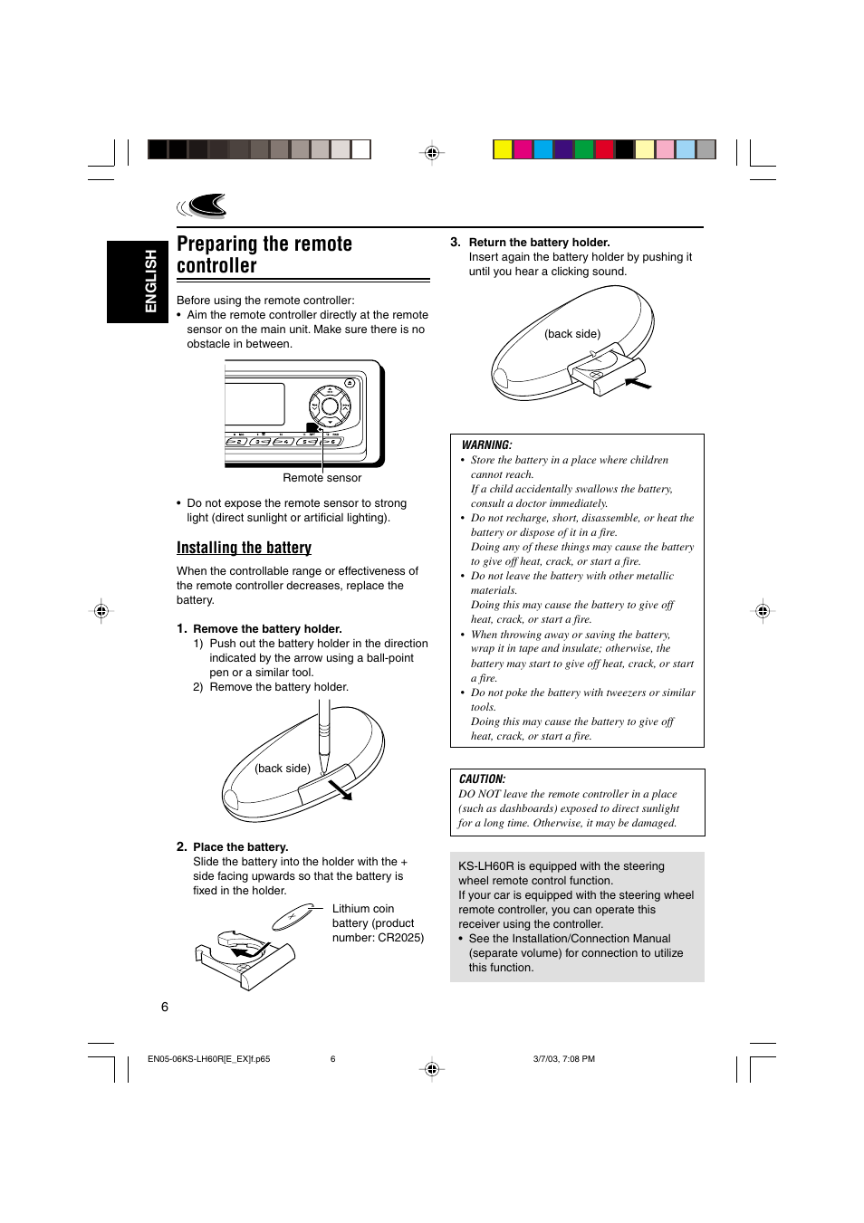 Preparing the remote controller, Installing the battery, English | JVC KS-LH60R User Manual | Page 6 / 48