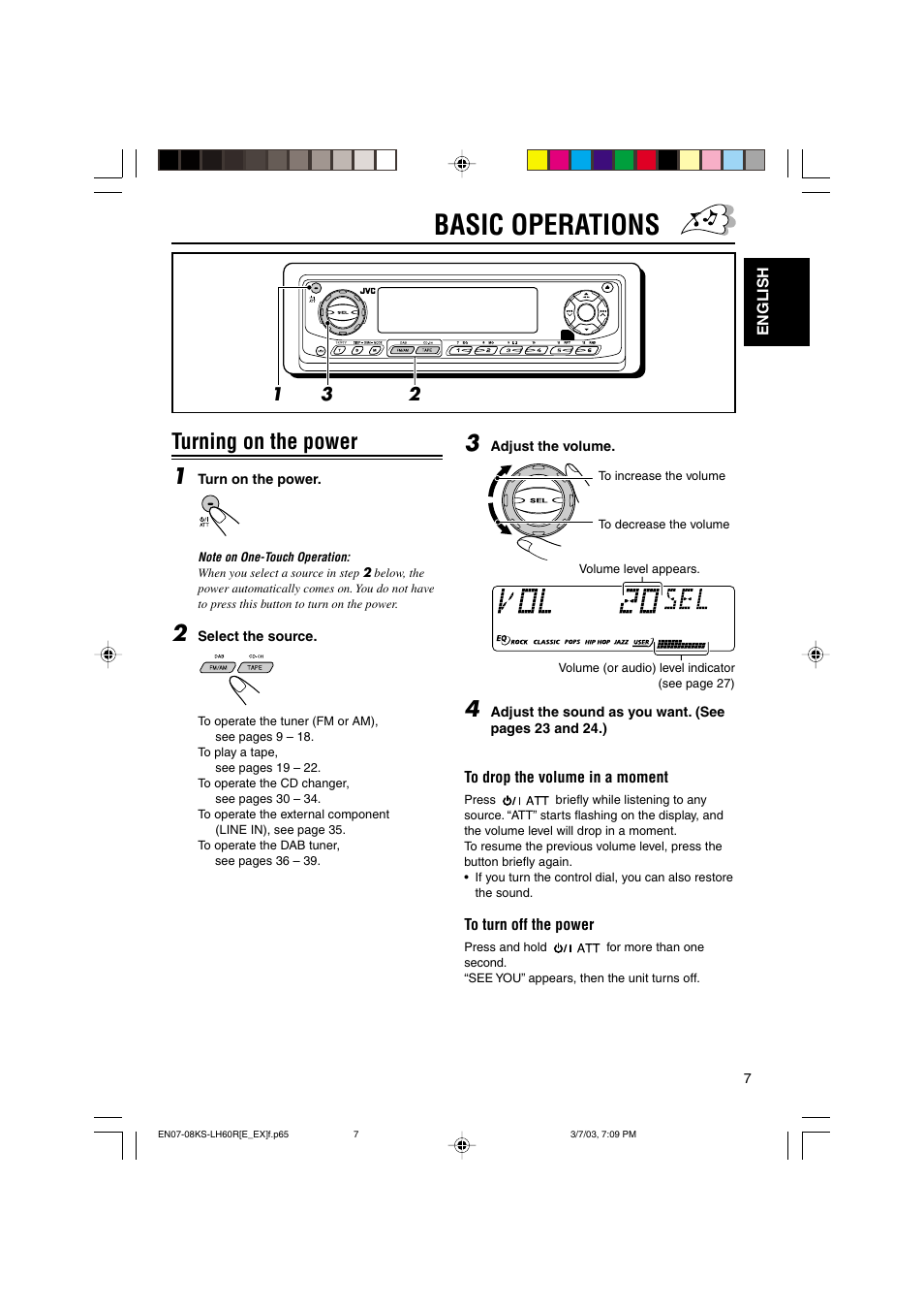 Basic operations, Turning on the power 1 | JVC KS-LH60R User Manual | Page 7 / 48