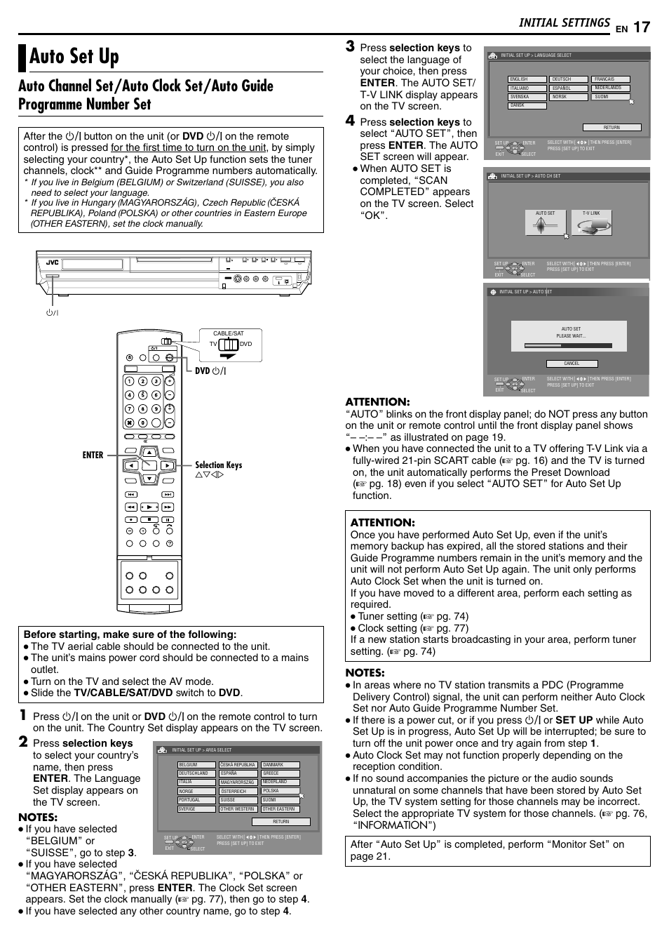 Initial settings, Auto set up | JVC DR-MH50S User Manual | Page 17 / 92