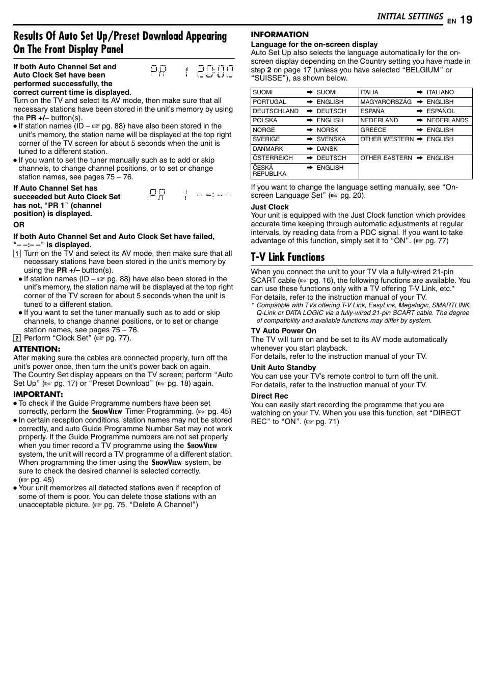 T-v link functions, Initial settings | JVC DR-MH50S User Manual | Page 19 / 92