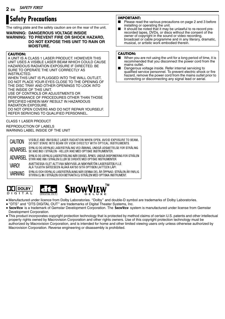 Safety first, Safety precautions | JVC DR-MH50S User Manual | Page 2 / 92