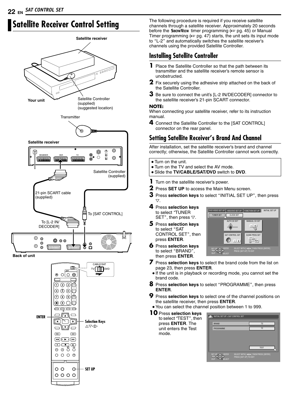 Sat control set, Satellite receiver control setting, Installing satellite controller | Setting satellite receiver’s brand and channel | JVC DR-MH50S User Manual | Page 22 / 92