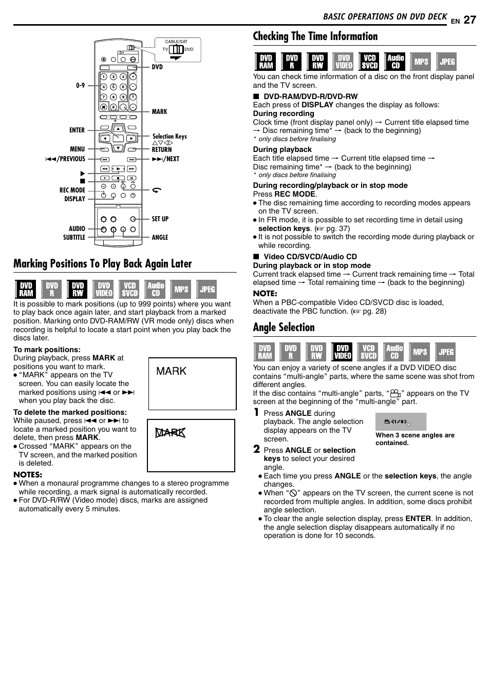 Marking positions to play back again later, Checking the time information, Angle selection | JVC DR-MH50S User Manual | Page 27 / 92