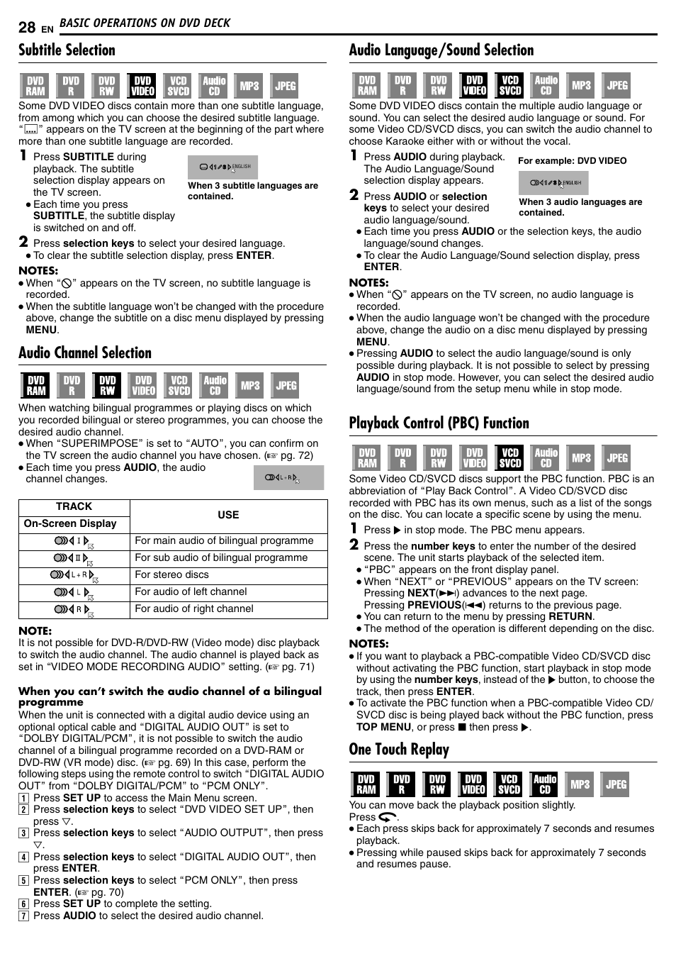Subtitle selection, Audio channel selection, Audio language/sound selection | Playback control (pbc) function, One touch replay | JVC DR-MH50S User Manual | Page 28 / 92