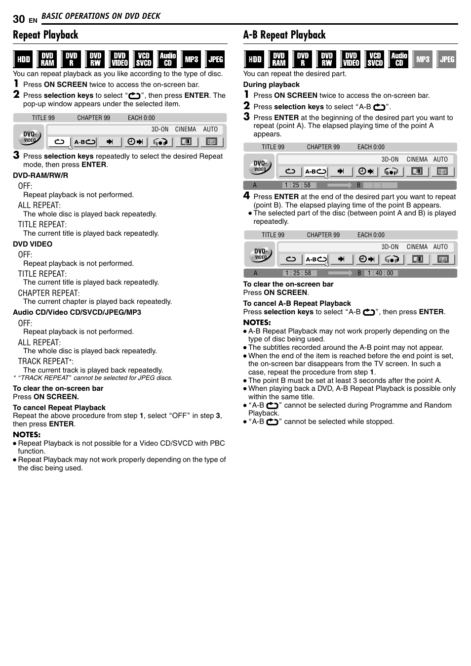 Repeat playback, A-b repeat playback | JVC DR-MH50S User Manual | Page 30 / 92