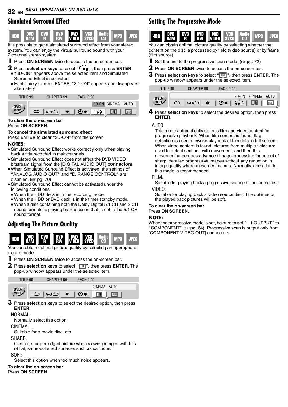 Simulated surround effect, Adjusting the picture quality, Setting the progressive mode | JVC DR-MH50S User Manual | Page 32 / 92