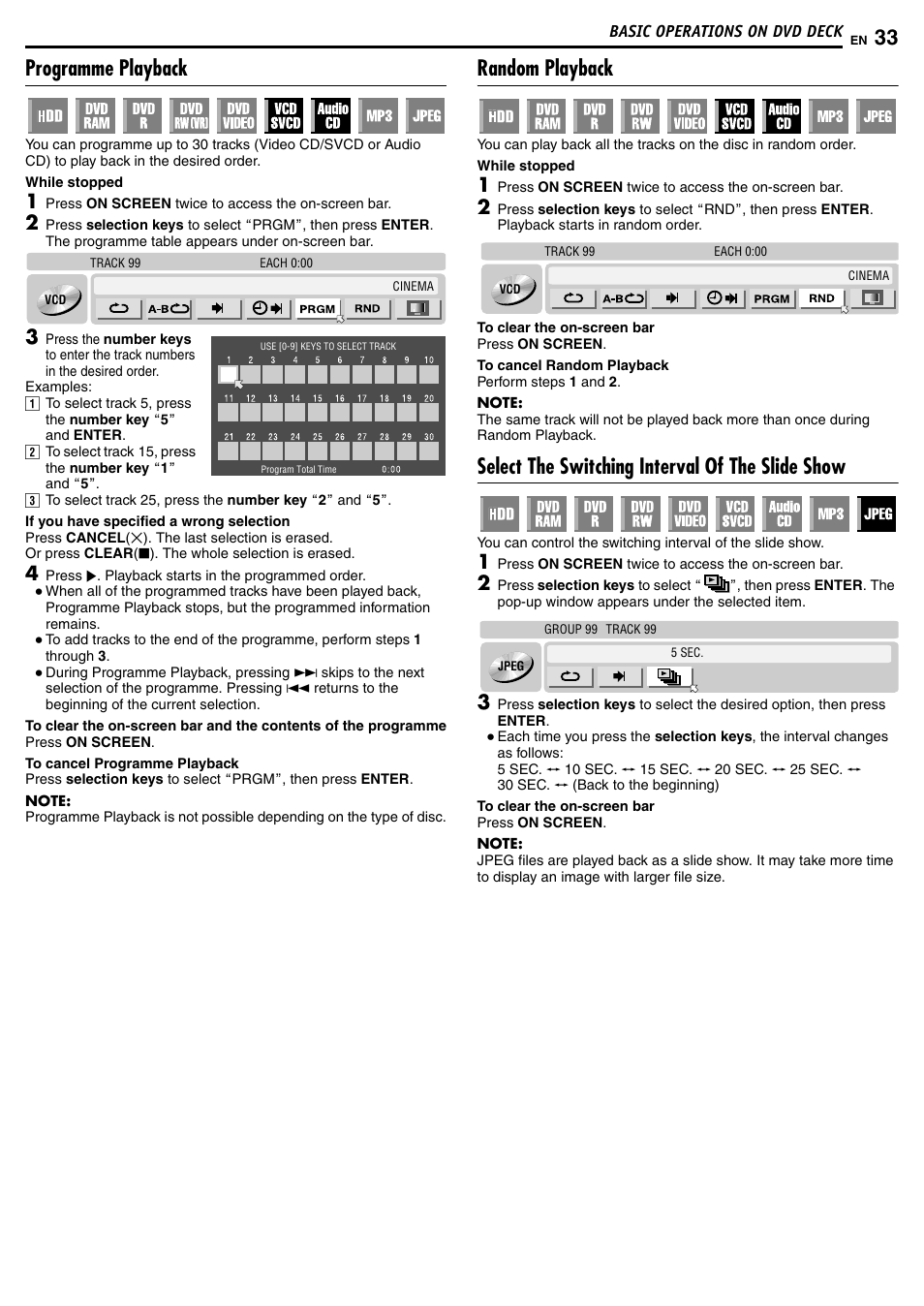 Programme playback, Random playback, Select the switching interval of the slide show | JVC DR-MH50S User Manual | Page 33 / 92