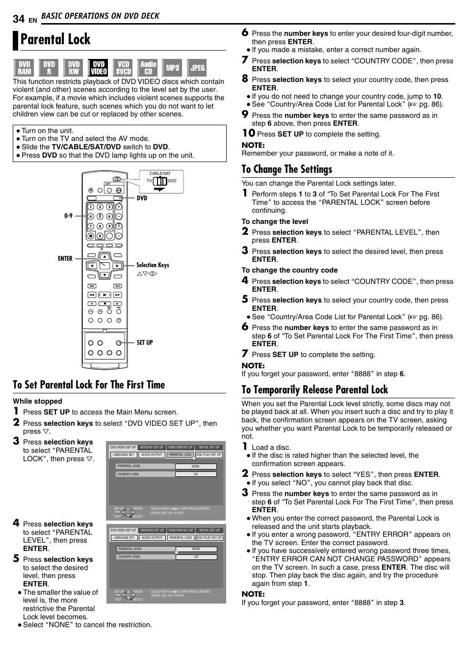 Parental lock, To set parental lock for the first time, To change the settings | To temporarily release parental lock, Basic operations on dvd deck | JVC DR-MH50S User Manual | Page 34 / 92