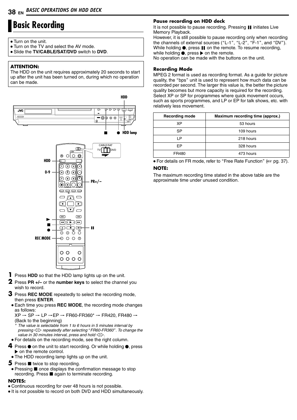 Basic operations on hdd deck, Basic recording | JVC DR-MH50S User Manual | Page 38 / 92
