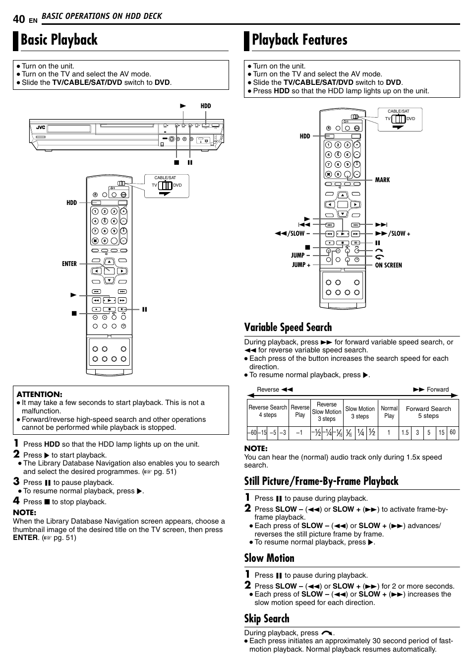 Basic playback, Playback features, Variable speed search | Still picture/frame-by-frame playback, Slow motion, Skip search, Basic playback playback features | JVC DR-MH50S User Manual | Page 40 / 92