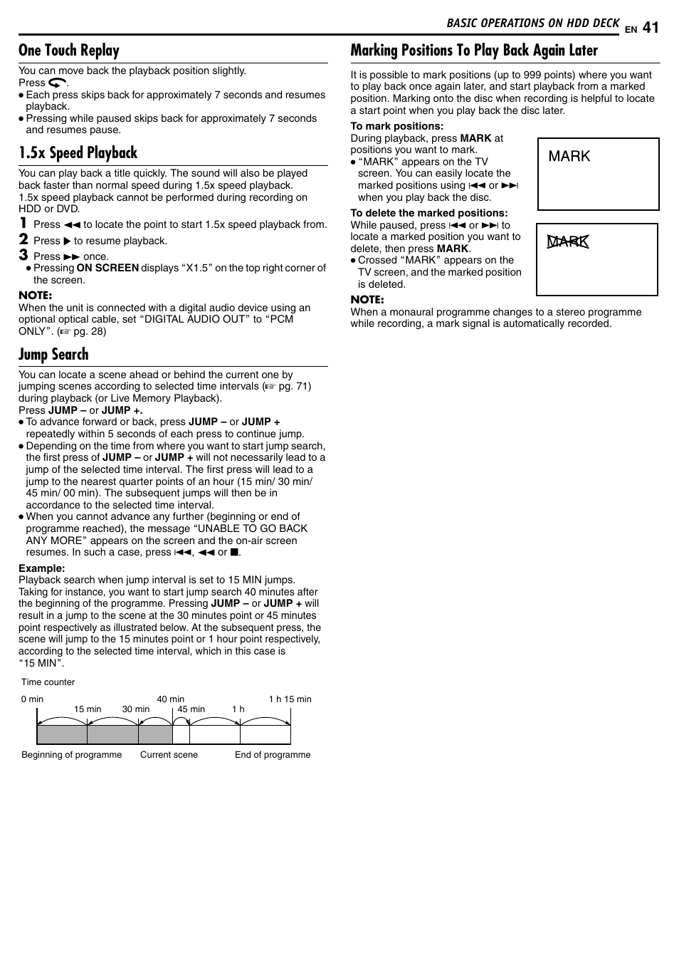 One touch replay, 5x speed playback, Jump search | Marking positions to play back again later | JVC DR-MH50S User Manual | Page 41 / 92