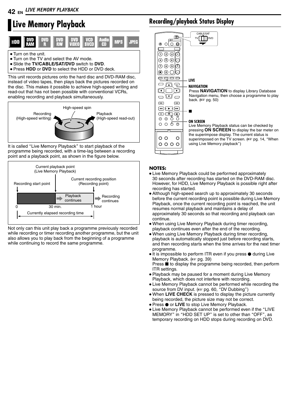Live memory playback, Recording/playback status display | JVC DR-MH50S User Manual | Page 42 / 92