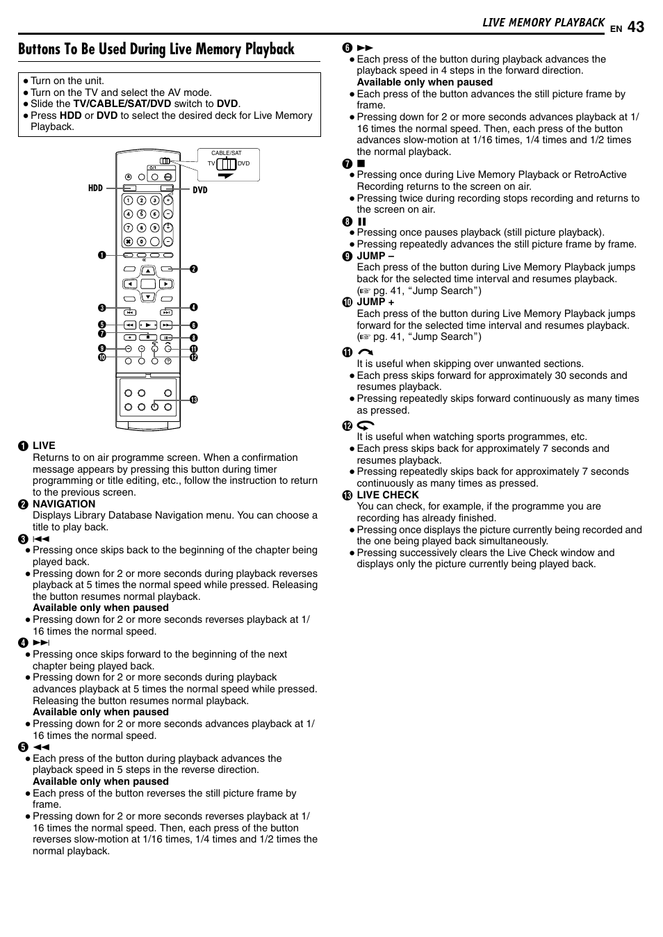 Buttons to be used during live memory playback | JVC DR-MH50S User Manual | Page 43 / 92
