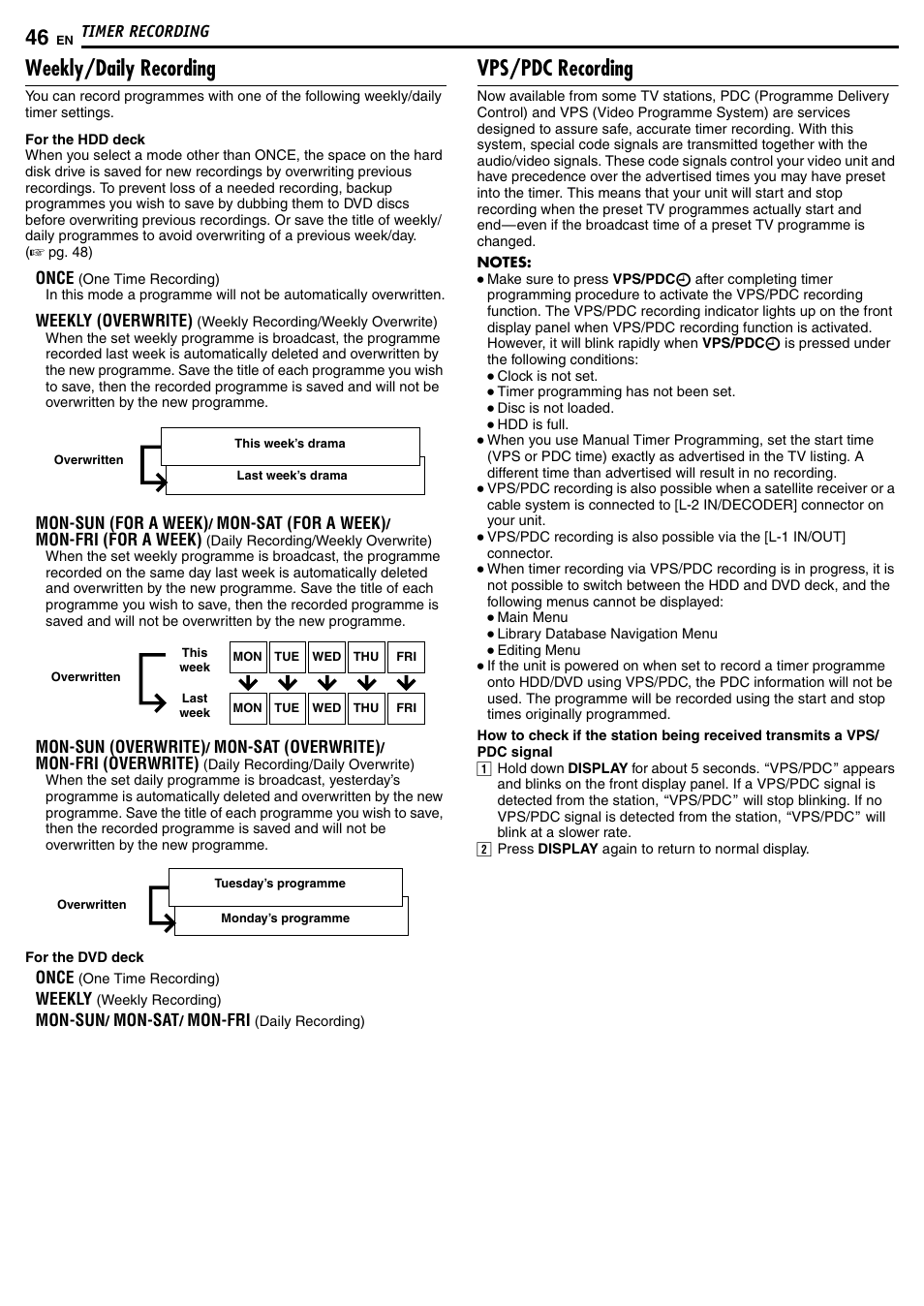 Weekly/daily recording, Vps/pdc recording | JVC DR-MH50S User Manual | Page 46 / 92