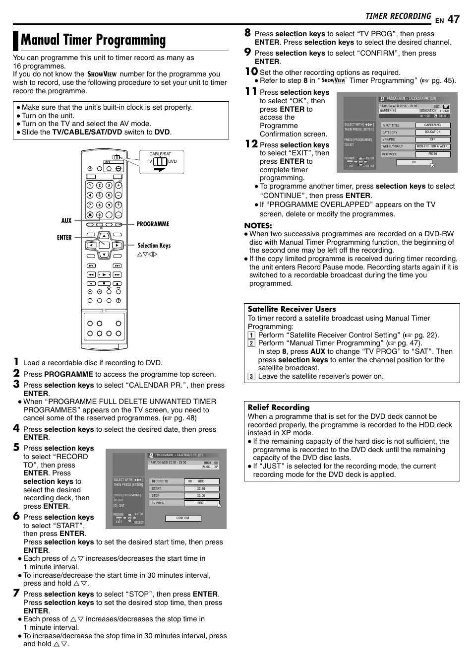 Manual timer programming, Timer recording | JVC DR-MH50S User Manual | Page 47 / 92