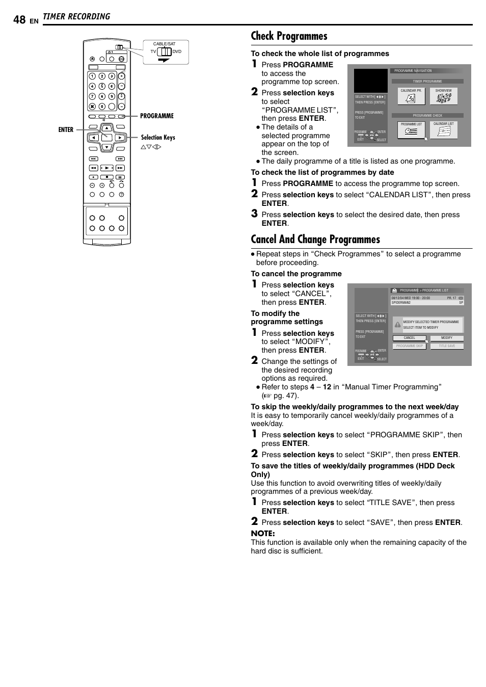 Check programmes, Cancel and change programmes, Timer recording | JVC DR-MH50S User Manual | Page 48 / 92