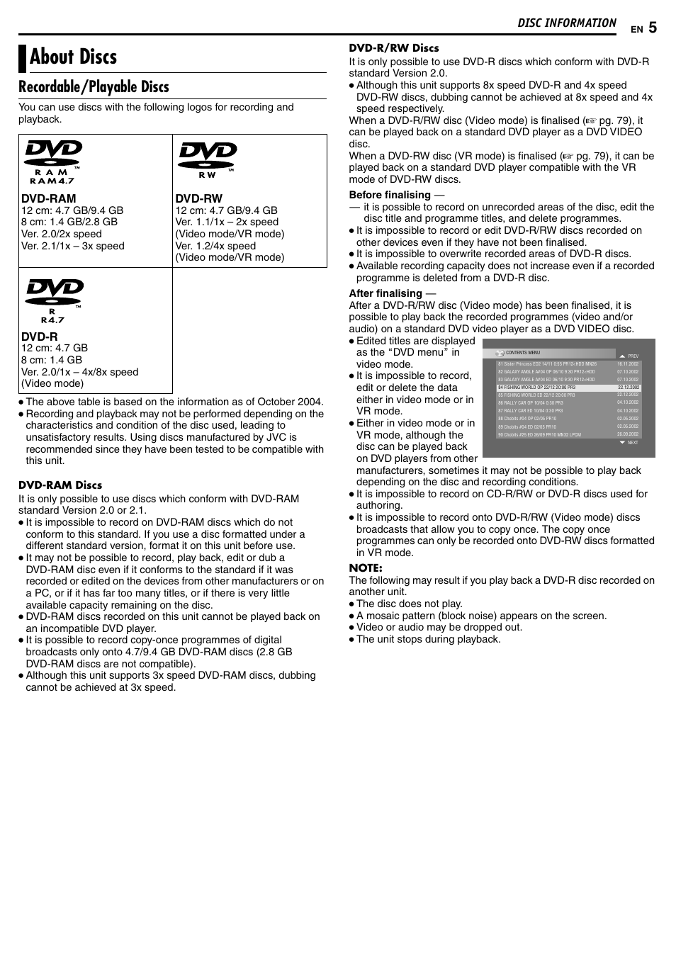 Disc information, About discs, Recordable/playable discs | Dvd-ram, Dvd-rw, Dvd-r | JVC DR-MH50S User Manual | Page 5 / 92