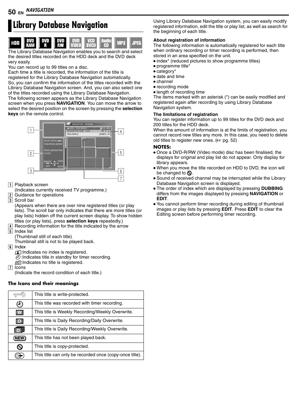 Navigation, Library database navigation, Navigation 50 | JVC DR-MH50S User Manual | Page 50 / 92