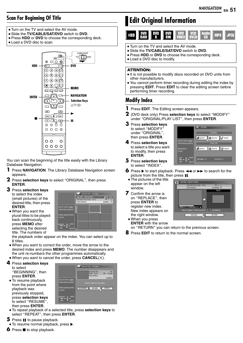 Scan for beginning of title, Edit original information, Modify index | Navigation | JVC DR-MH50S User Manual | Page 51 / 92