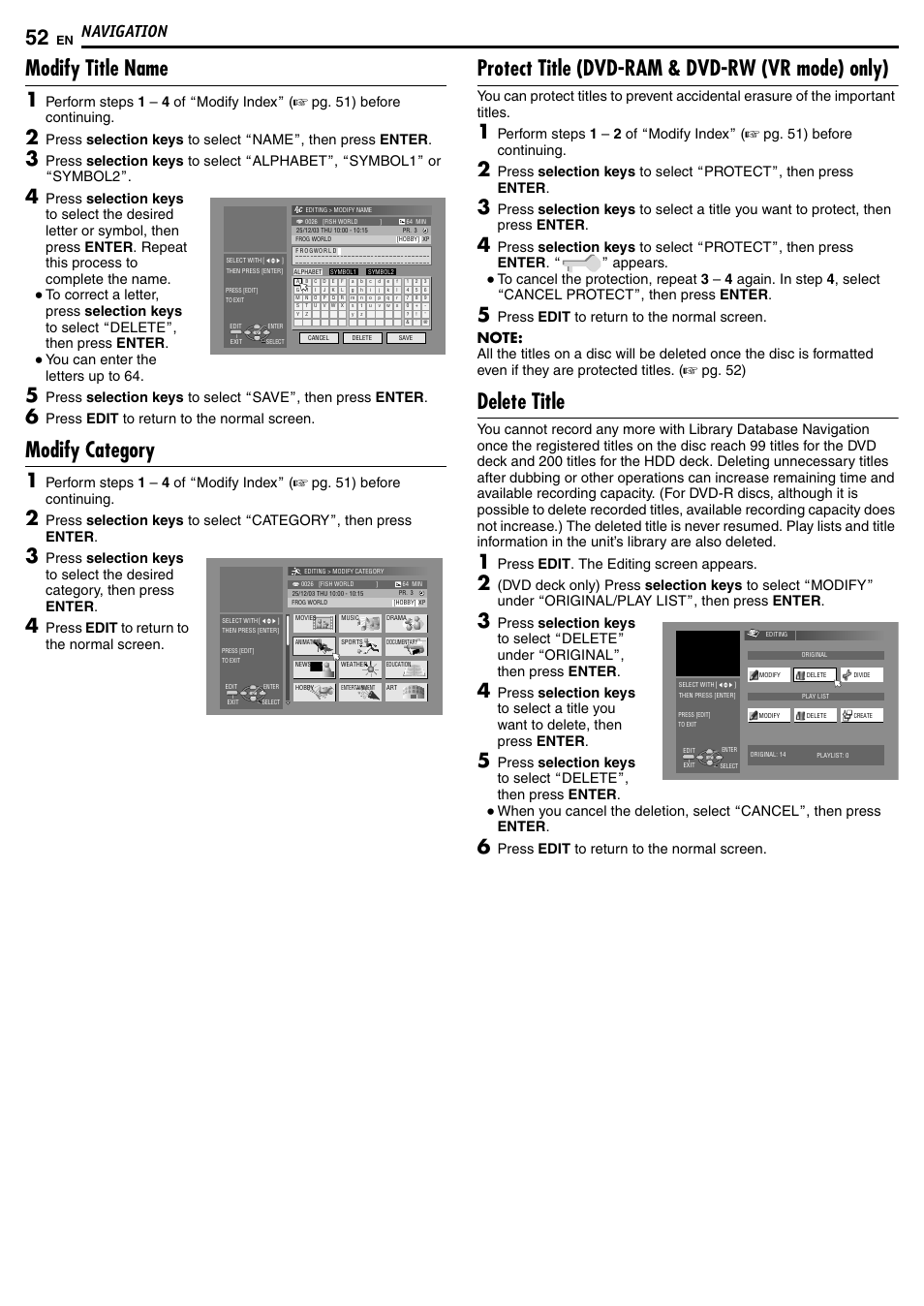 Modify title name, Modify category, Protect title (dvd-ram & dvd-rw (vr mode) only) | Delete title, Navigation, You can enter the letters up to 64, Press edit to return to the normal screen, Press edit . the editing screen appears | JVC DR-MH50S User Manual | Page 52 / 92