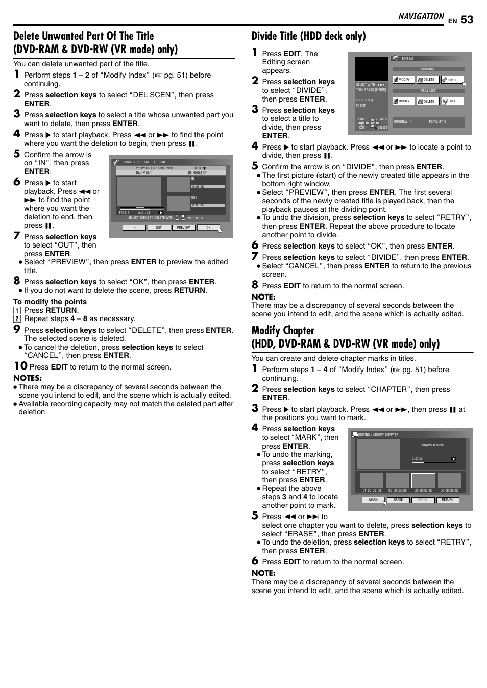 Divide title (hdd deck only), Navigation | JVC DR-MH50S User Manual | Page 53 / 92