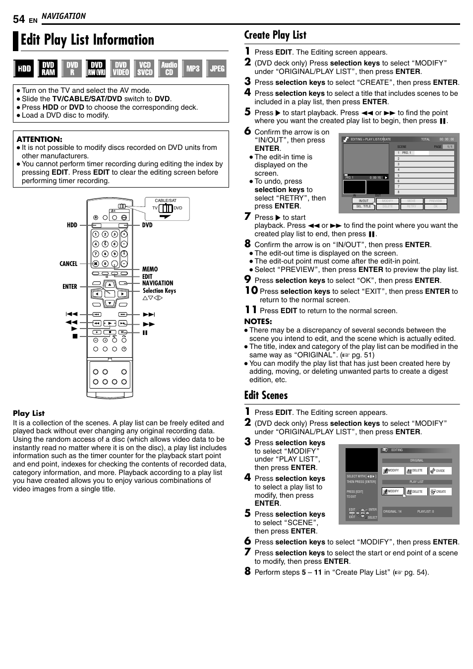 Edit play list information, Create play list, Edit scenes | Navigation | JVC DR-MH50S User Manual | Page 54 / 92