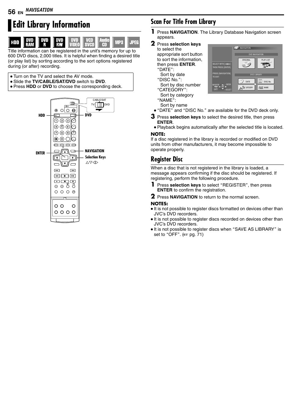Edit library information, Scan for title from library, Register disc | Navigation | JVC DR-MH50S User Manual | Page 56 / 92