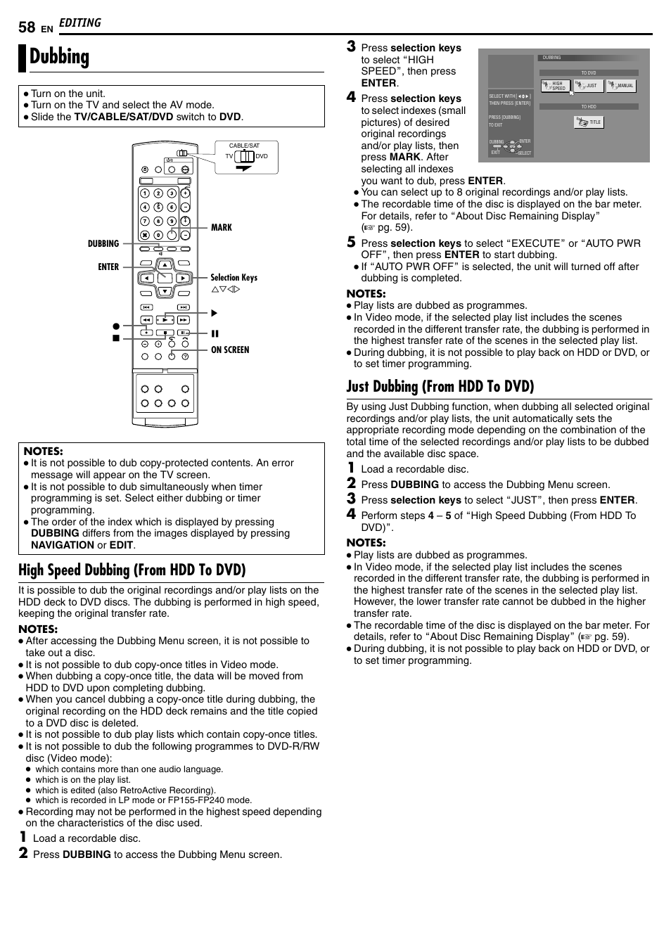 Editing, Dubbing, High speed dubbing (from hdd to dvd) | Just dubbing (from hdd to dvd) | JVC DR-MH50S User Manual | Page 58 / 92