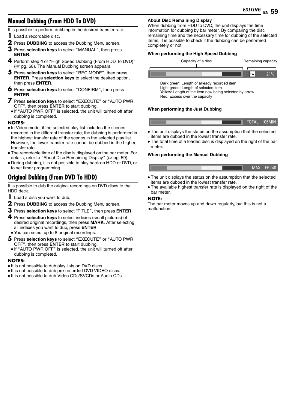 Manual dubbing (from hdd to dvd), Original dubbing (from dvd to hdd) | JVC DR-MH50S User Manual | Page 59 / 92
