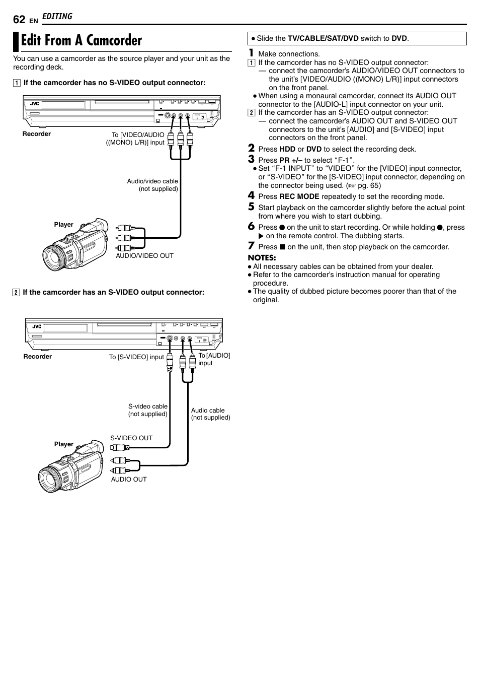 Edit from a camcorder | JVC DR-MH50S User Manual | Page 62 / 92